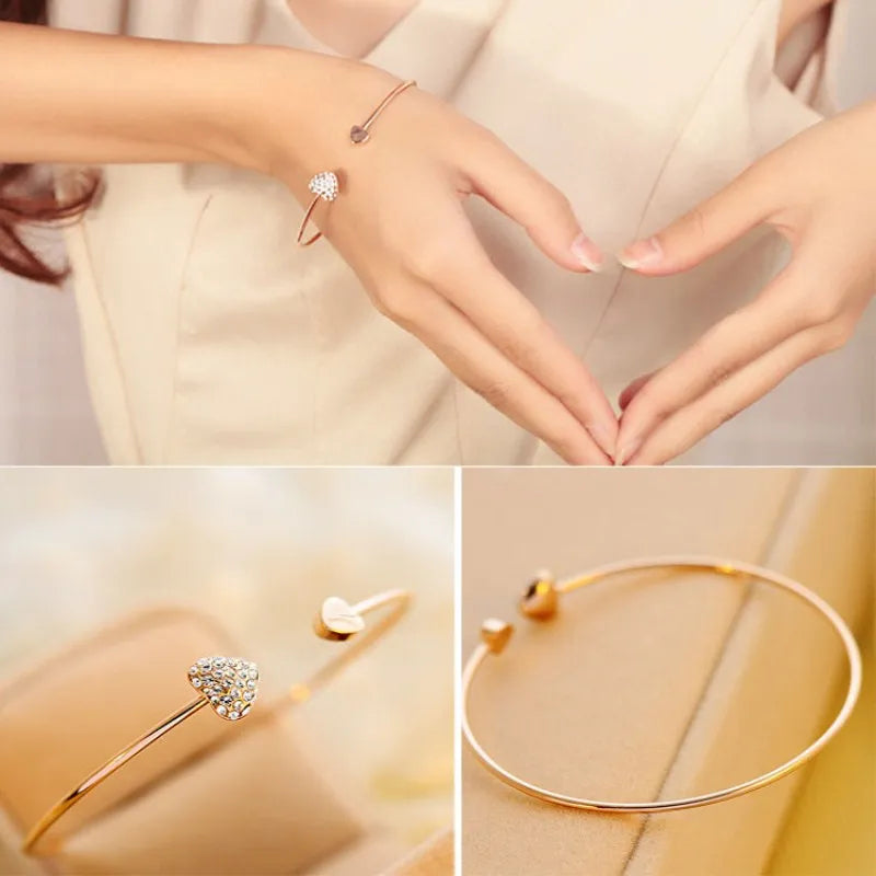 Crystal Double Heart Adjustable Open Cuff Bracelet