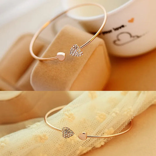 Crystal Double Heart Adjustable Open Cuff Bracelet