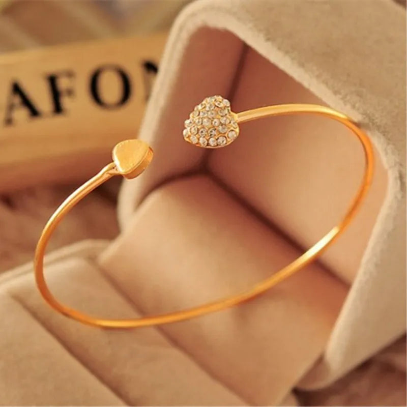 Crystal Double Heart Adjustable Open Cuff Bracelet