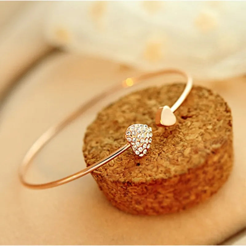 Crystal Double Heart Adjustable Open Cuff Bracelet