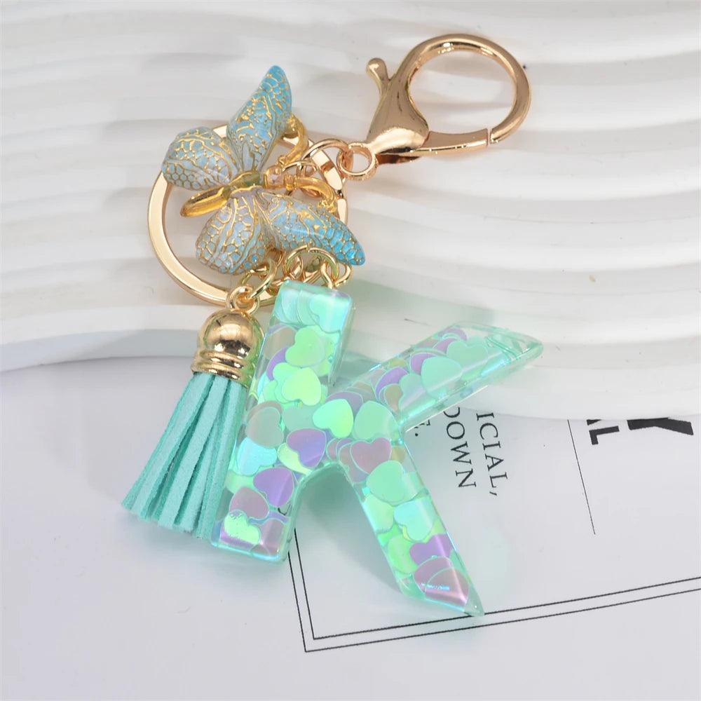 Green Tassel Butterfly Letter Keychain