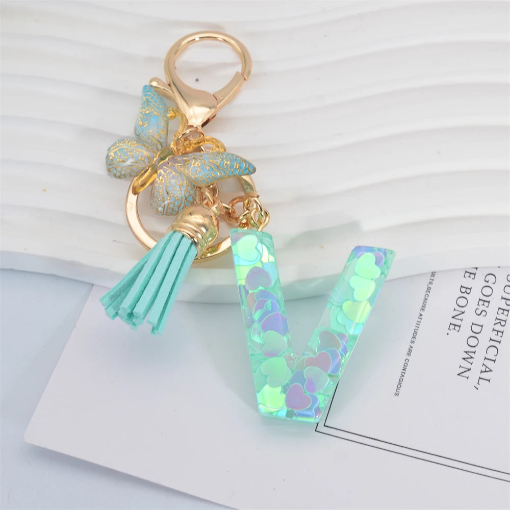 Green Tassel Butterfly Letter Keychain