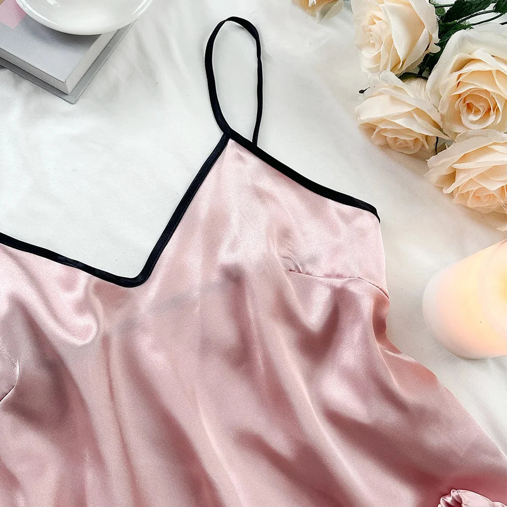 Smooth Satin Sleepwear With Ruffled Edged Shorts