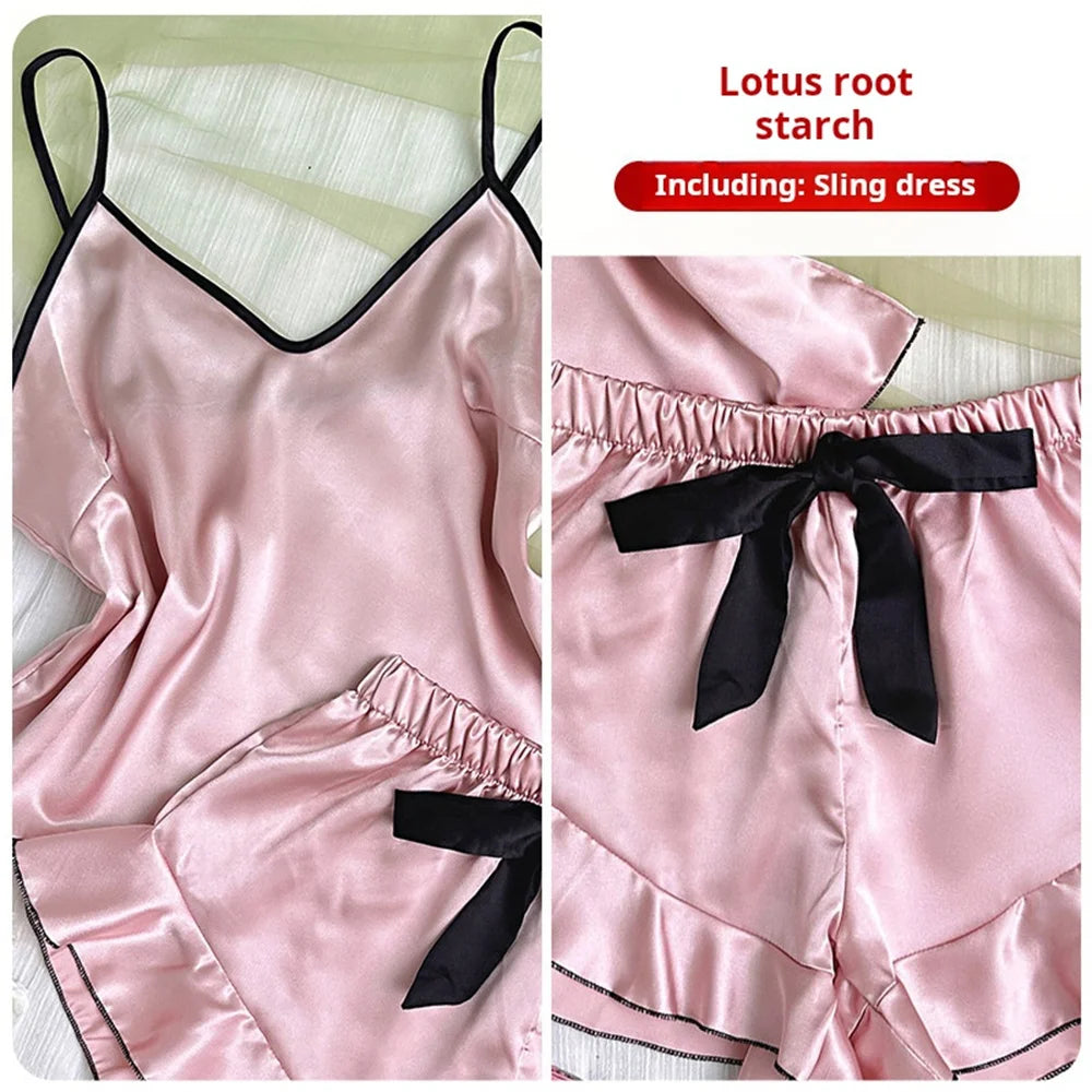 Smooth Satin Sleepwear With Ruffled Edged Shorts