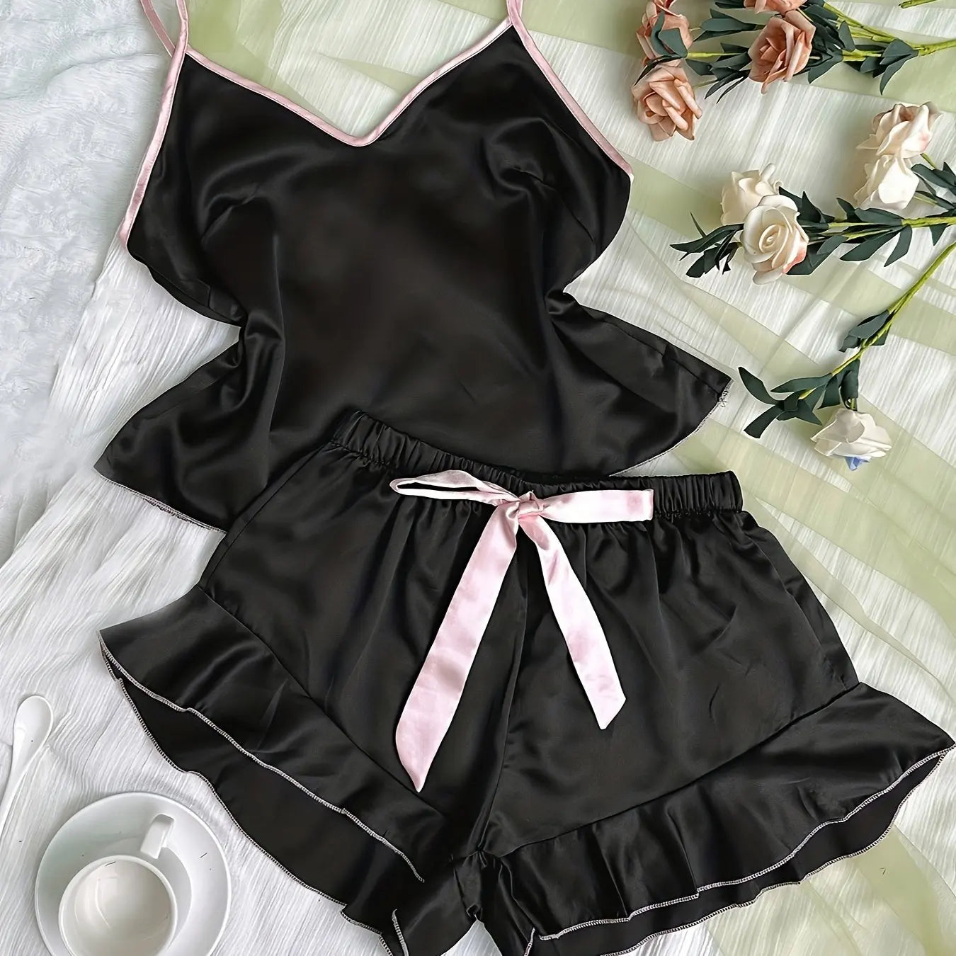 Smooth Satin Sleepwear With Ruffled Edged Shorts