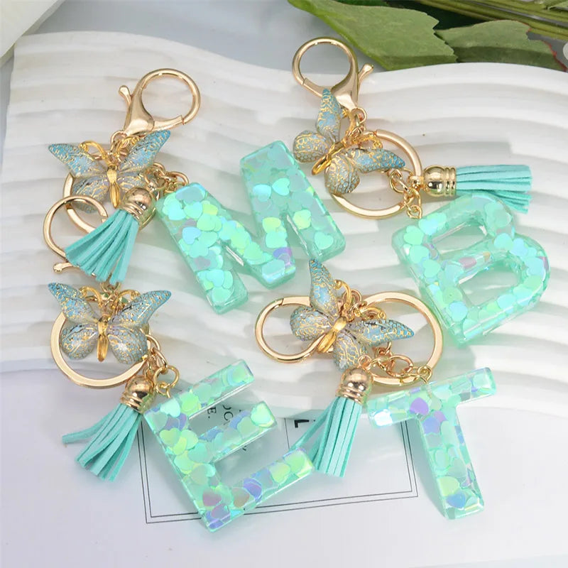 Green Tassel Butterfly Letter Keychain