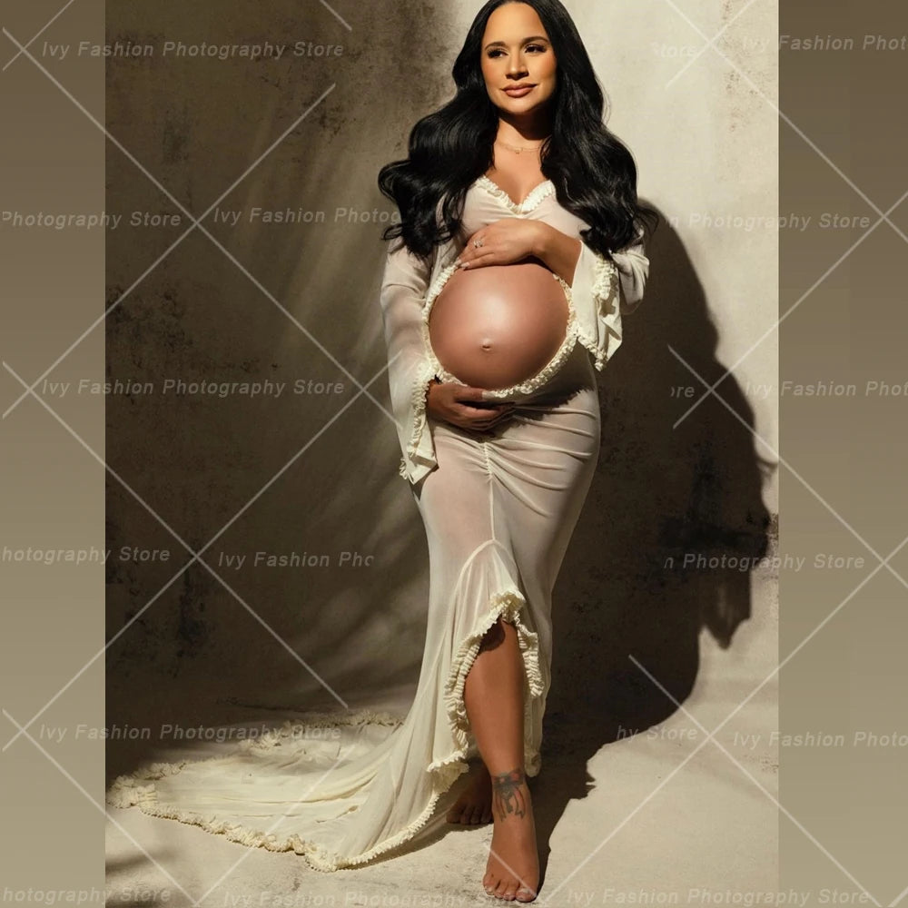 Transparent Hollowed Out Ruffled Long Sleeved Maternity Gown