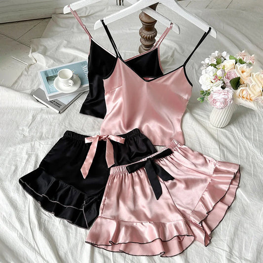 Smooth Satin Sleepwear With Ruffled Edged Shorts