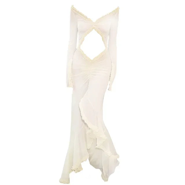 Transparent Hollowed Out Ruffled Long Sleeved Maternity Gown