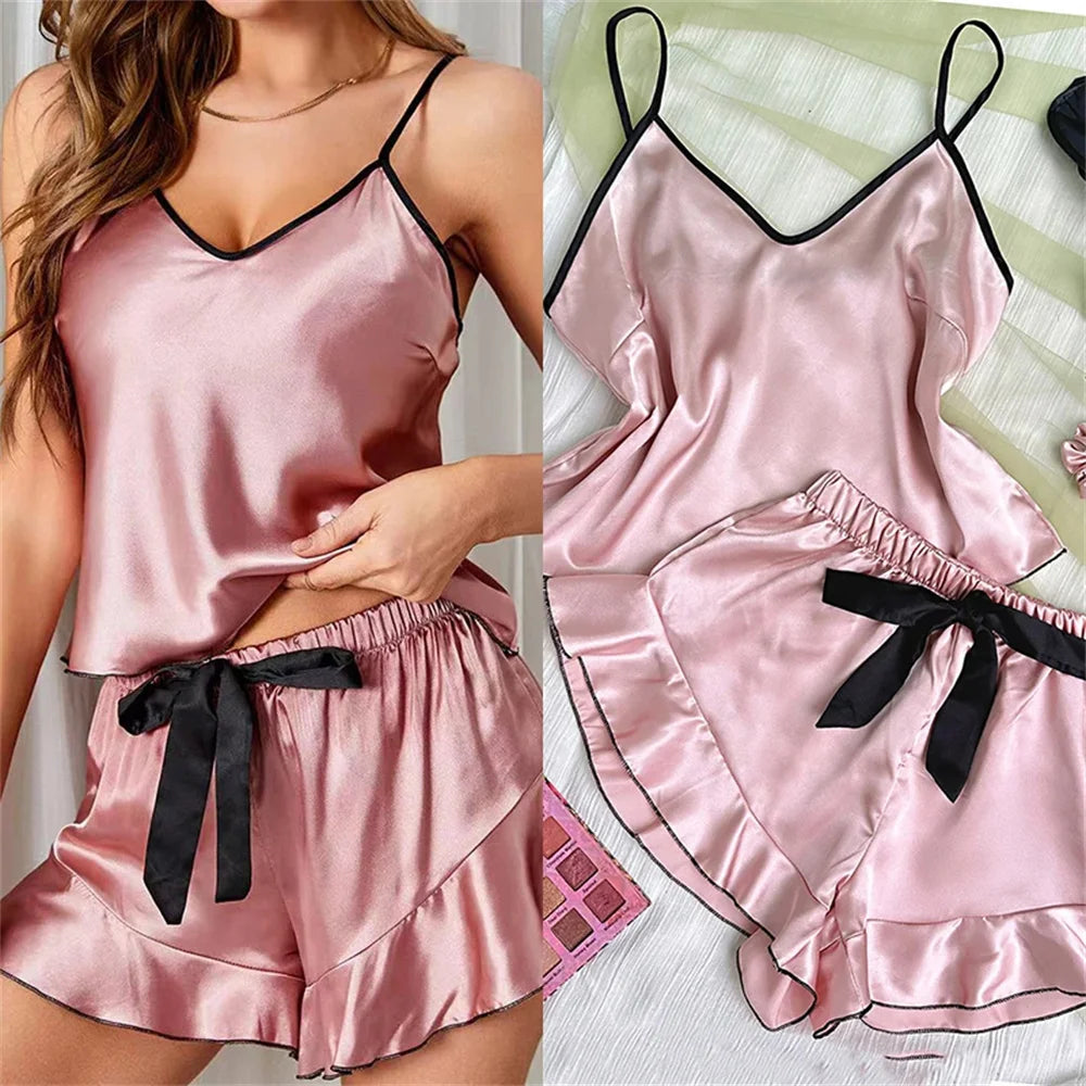 Smooth Satin Sleepwear With Ruffled Edged Shorts