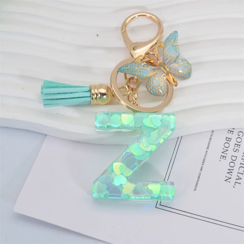 Green Tassel Butterfly Letter Keychain