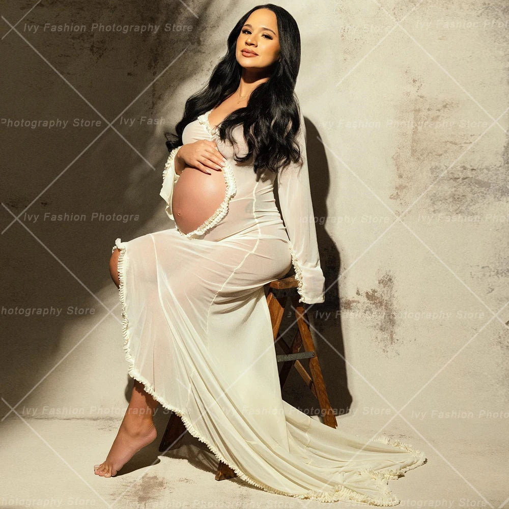 Transparent Hollowed Out Ruffled Long Sleeved Maternity Gown