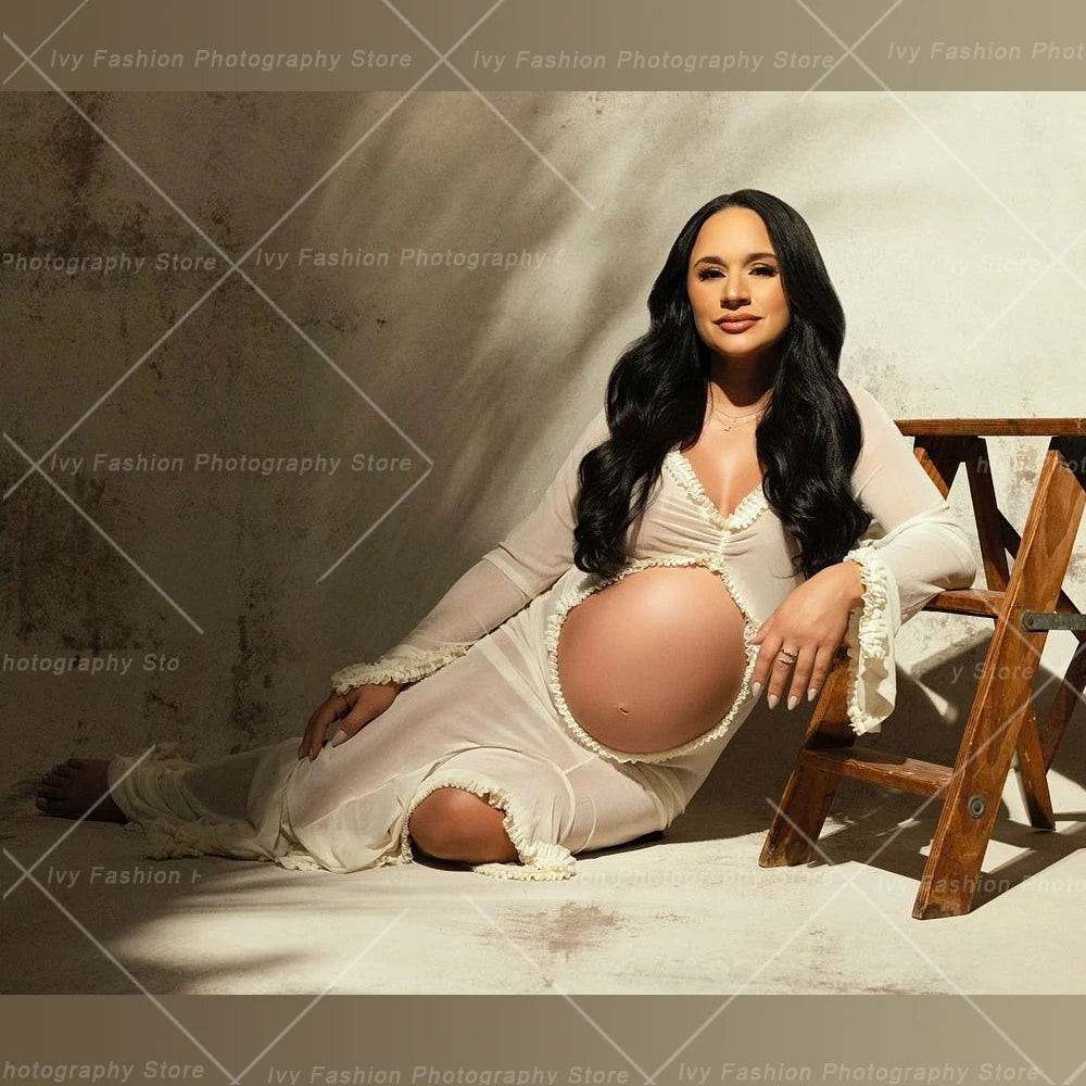 Transparent Hollowed Out Ruffled Long Sleeved Maternity Gown