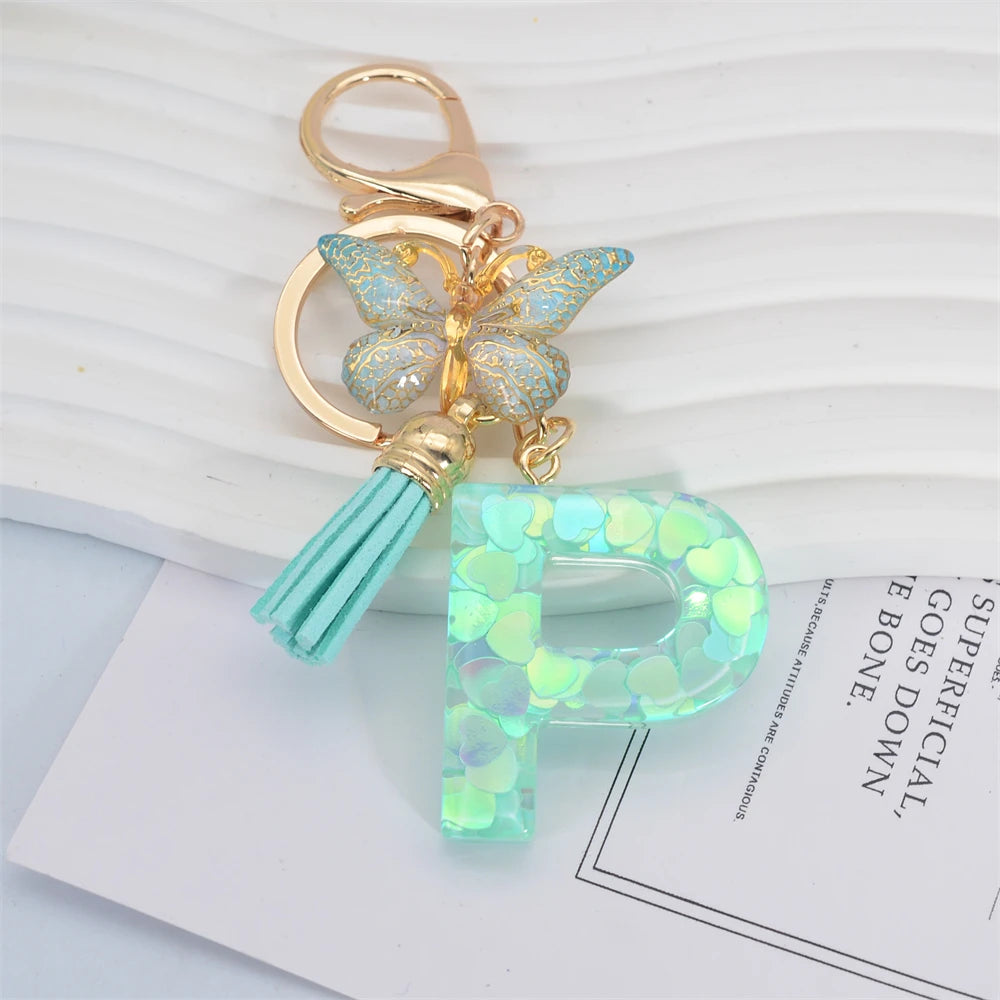 Green Tassel Butterfly Letter Keychain