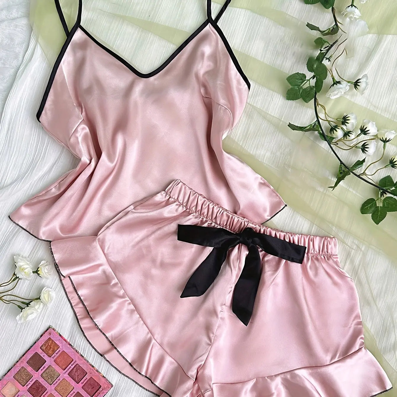 Smooth Satin Sleepwear With Ruffled Edged Shorts