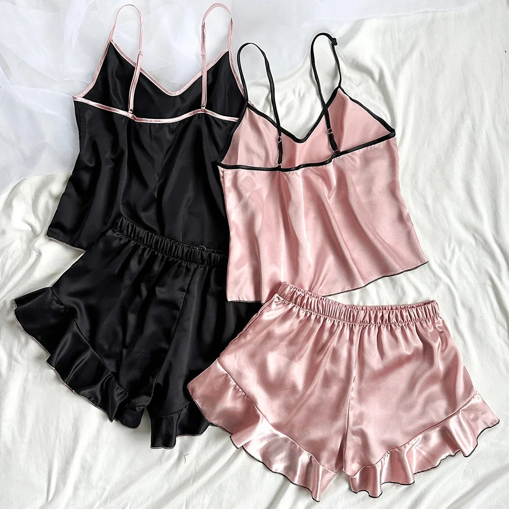 Smooth Satin Sleepwear With Ruffled Edged Shorts