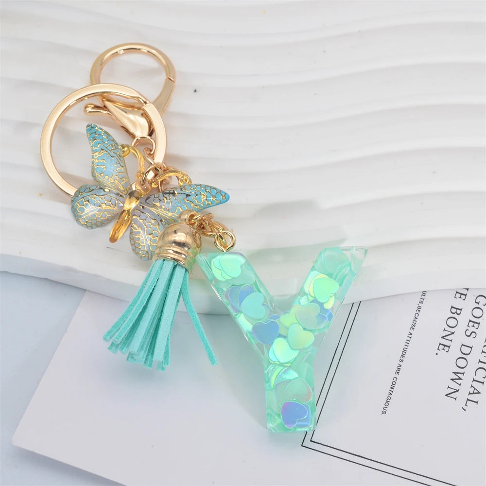 Green Tassel Butterfly Letter Keychain